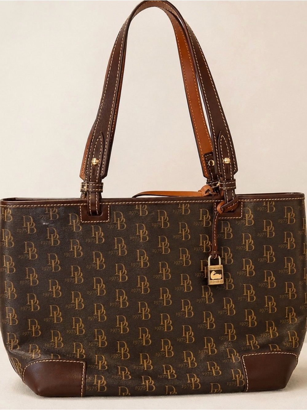 Dooney & Bourke DB Monogram Tote Brown Shoulder Bag Red Interior Duck Charm EUC